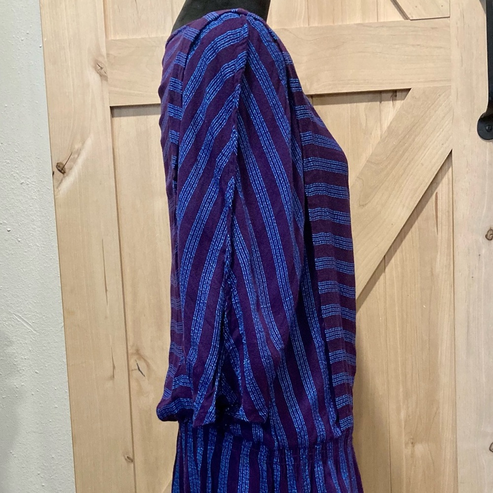 Vintage 90s Purple Blue Striped Drop Waist Dress 3/4 Sleeve Medium - Picture 6 of 12
